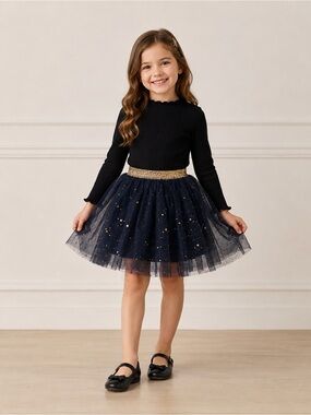 Girls Black Tulle Star Skirt with Gold Waistband